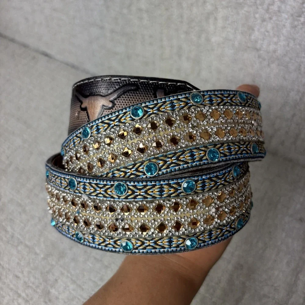 Custom Western Bling Belt Leather Tooled Texas Longhorn Buckle Rhinestone Blue L